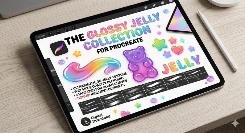 May include: A tablet screen displays a digital art collection titled "THE GLOSSY JELLY COLLECTION FOR PROCREATE." The design includes colourful jelly-themed graphics such as a gummy bear, stars, and hearts, plus brushstroke samples. A stylus is positioned beside the tablet.
