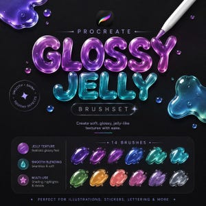 May include: An advertisement for a Procreate brush set, featuring the words "Glossy Jelly" in 3D, translucent, purple and teal lettering. The image showcases 14 brush samples and the text "Create soft, glossy, jelly-like textures with ease."
