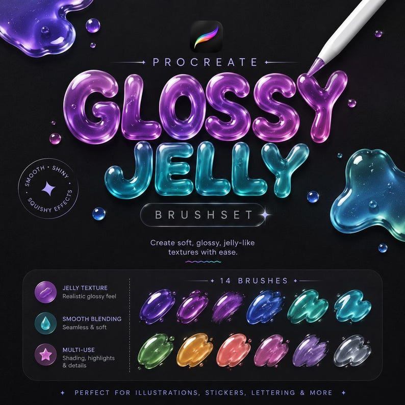 May include: An advertisement for a Procreate brush set, featuring the words "Glossy Jelly" in 3D, translucent, purple and teal lettering. The image showcases 14 brush samples and the text "Create soft, glossy, jelly-like textures with ease."