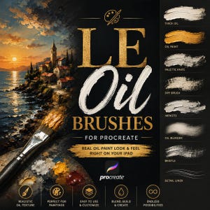 Puede incluir: Un conjunto de pinceles digitales titulado LE Oil BRUSHES FOR PROCREATE que presenta una pintura de atardecer costero, un pincel con pintura amarilla y una lista vertical de ocho texturas de trazos de pincel distintas con sus nombres.
