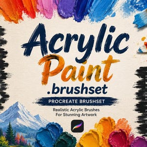 May include: An image showcasing a Procreate brushset for acrylic paint. The design features colorful paint strokes, brushes, and the text "Acrylic Paint .brushset". The image includes examples of brush strokes and a mountain landscape.