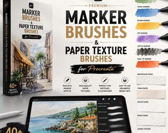 Marker Brushes & Paper Texture Brushes for Procreate | Realistic Sketching, Inking Grain Texture Digital Brush Pack