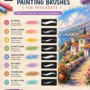 May include: A digital product display for Oil Pastel Painting Brushes for Procreate, featuring a list of eight brush types with corresponding texture samples and stroke examples, alongside a landscape painting of a coastal village scene.
