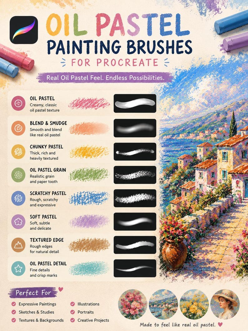 May include: A digital product display for Oil Pastel Painting Brushes for Procreate, featuring a list of eight brush types with corresponding texture samples and stroke examples, alongside a landscape painting of a coastal village scene.