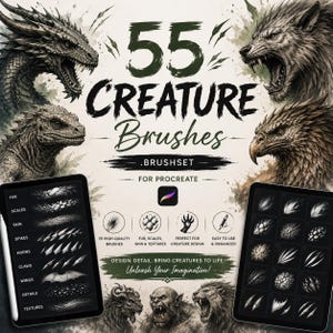 May include: Digital brushes for Procreate, featuring 55 high-quality brushes for creature design. The image showcases a dragon, wolf, and other fantasy creatures, with text that reads "55 Creature Brushes."