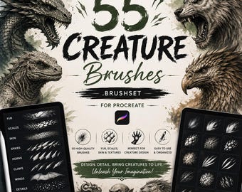 55 Creature Brushes for Procreate | Monster Animal Brush Set | Fur, Scale Texture Brushes | Fantasy Character Design Tools | iPad Brush Pack