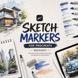 May include: A digital brush set for Procreate titled SKETCH MARKERS FOR PROCREATE, featuring a collection of marker stroke samples, a list of brush types including broad, chisel, fine, detail, dry marker, texture, blender, and liner.