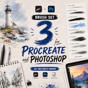 Könnte beinhalten: Ein digitales Pinselset für Procreate und Photoshop mit 26 hochwertigen Pinseln. Die Darstellung umfasst eine Aquarell-Illustration eines Leuchtturms, eine Liste von Pinseltypen wie Tusche und Kohle sowie ein Tablet mit Berglandschaft.