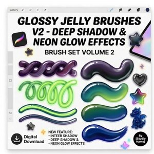 May include: Digital download graphic for "GLOSSY JELLY BRUSHES V2 - DEEP SHADOW & NEON GLOW EFFECTS". The image displays vibrant, glossy brush strokes in diverse shapes and colours, including purple, green, and blue. Includes a star, heart, and dragon illustration.