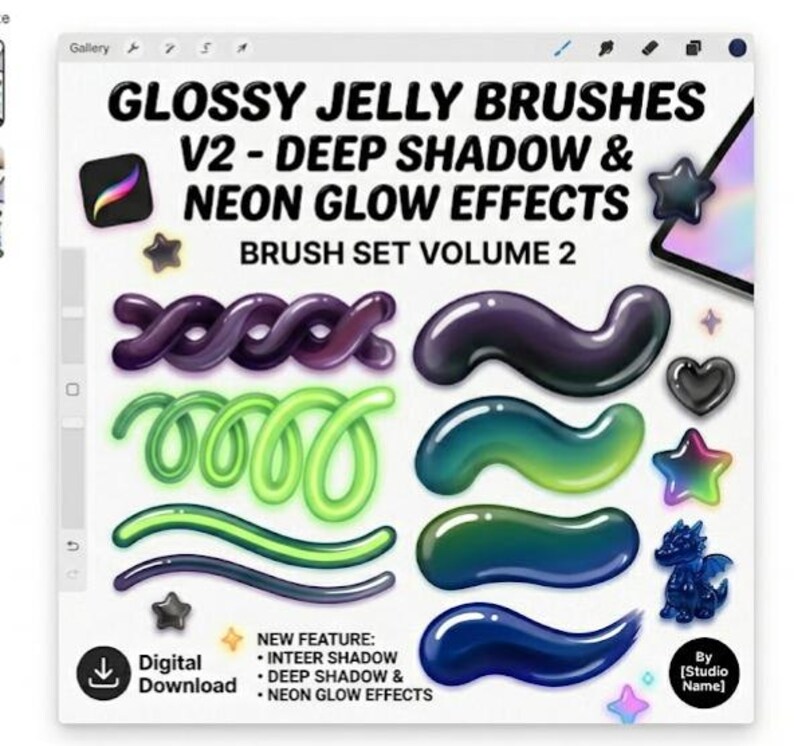 May include: Digital download graphic for "GLOSSY JELLY BRUSHES V2 - DEEP SHADOW & NEON GLOW EFFECTS". The image displays vibrant, glossy brush strokes in diverse shapes and colours, including purple, green, and blue. Includes a star, heart, and dragon illustration.