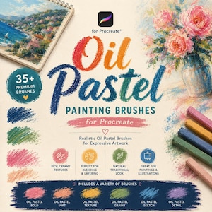 May include: A digital product advertisement for Procreate oil pastel painting brushes featuring the text Oil Pastel Painting Brushes for Procreate, 35+ premium brushes, and various colorful oil pastel strokes, floral art, and landscape illustrations.