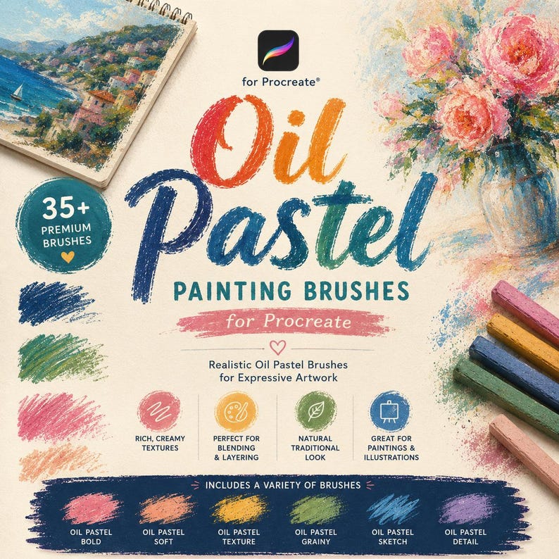 May include: A digital product advertisement for Procreate oil pastel painting brushes featuring the text Oil Pastel Painting Brushes for Procreate, 35+ premium brushes, and various colorful oil pastel strokes, floral art, and landscape illustrations.