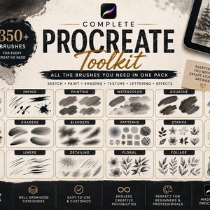 May include: A digital toolkit for Procreate featuring over 350 brushes organized into categories like sketching, inking, painting, watercolor, gouache, oil paint, textures, shaders, blenders, patterns, stamps, special effects, lettering, liners, and foliage.