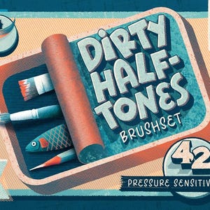 Pode incluir: Um gráfico digital para um conjunto de pincéis Procreate intitulado Dirty Halftones, com uma paleta de cores azul-petróleo e laranja. A imagem mostra um rolo cilíndrico, vários pincéis e uma ilustração de peixe, com texto indicando 42 pincéis sensíveis à pressão, 5 pincéis extras e 2 tutoriais em vídeo.