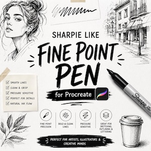 以下が含まれることがあります： Procreate用デジタルブラシセット「Sharpie Like Fine Point Pen」。画像には人物、街並み、コーヒーカップのモノクロスケッチが含まれています。テキストには「Smooth Lines」「Clean & Crisp」「Pressure Sensitive」などが記載されています。