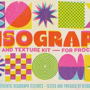 Pode incluir: Um recurso de design gráfico digital intitulado RISOGRAPH BRUSH AND TEXTURE KIT FOR PROCREATE. A imagem apresenta formas geométricas coloridas, incluindo círculos, estrelas, quadrados e padrões em tons de rosa, laranja, azul, verde e amarelo.