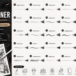 May include: A digital art product showcasing 25 fine liner Procreate brushes. The image displays various line styles, from super fine to bold, with examples of each. The product is designed for line art, comics, and illustrations.