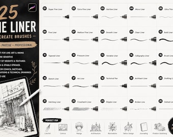 25 Fine Liner Procreate Brushes | Ultra Fine Ink Brushes for Digital Illustration | Procreate Brush Set | Line Art Brushes for iPad