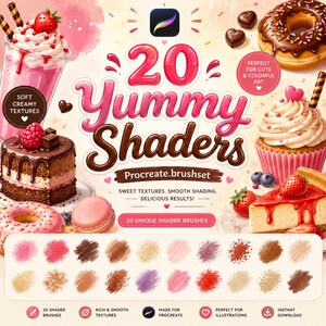 Puede incluir: Una imagen de arte digital con el texto "20 Yummy Shaders" e ilustraciones de postres como cupcakes, donuts y un batido. La imagen también incluye un conjunto de pinceles Procreate con varias muestras de color y el texto "Perfect for Cute & Colorful Art."