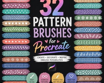 32 Pattern Brushes for Procreate | Creative Seamless Pattern Brush Set | Decorative Textures, Backgrounds Surface Design Tools for iPad