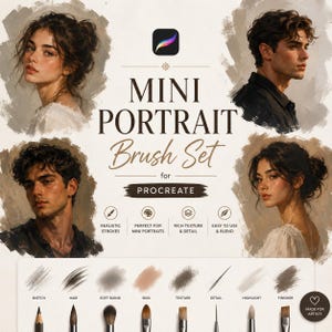 Può includere: Un set di pennelli digitali per Procreate intitolato Mini Portrait Brush Set, che presenta quattro ritratti dipinti di persone e una serie di otto campioni di tratto con le relative punte etichettate come Sketch, Hair, Soft Blend, Skin, Texture, Detail, Highlight e Finisher.