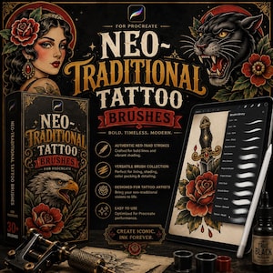 Neotraditionella tatueringspenslar för Procreate | Penselpaket för djärva linjer och skuggningar | Verktygssats för digital tatueringsdesign bild 1
