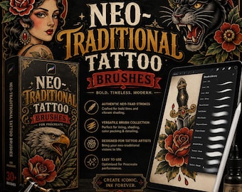 Neo-Traditional Tattoo Brushes for Procreate | Bold Linework & Shading Tattoo Art Brush Pack | Digital Tattoo Design Toolkit