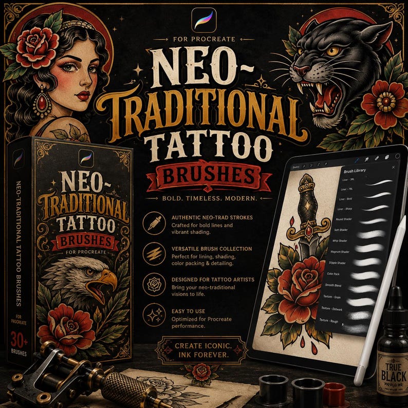Neotraditionella tatueringspenslar för Procreate | Penselpaket för djärva linjer och skuggningar | Verktygssats för digital tatueringsdesign bild 1