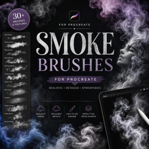 May include: An advertisement for Procreate smoke brushes. The image shows the words "SMOKE BRUSHES" in large white letters with a purple gradient. A tablet with a stylus is visible, along with smoke effects and the text "30+ BRUSHES & TEXTURES."