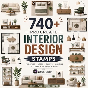 May include: An advertisement for Procreate interior design stamps. The image features various interior design elements, including furniture, plants, and lighting. Text on the image reads "740+ Procreate Interior Design Stamps" and lists features like furniture, decor, and layouts.