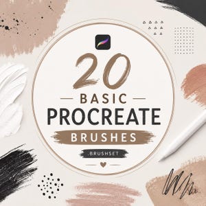 Op de afbeelding: Een digitale afbeelding met de tekst 20 BASIC PROCREATE BRUSHES .BRUSHSET en het Procreate app-icoon. Het ontwerp is gecentreerd in een cirkelvormig kader, omringd door abstracte verfstreken in zwart, wit en beige, en een styluspen.