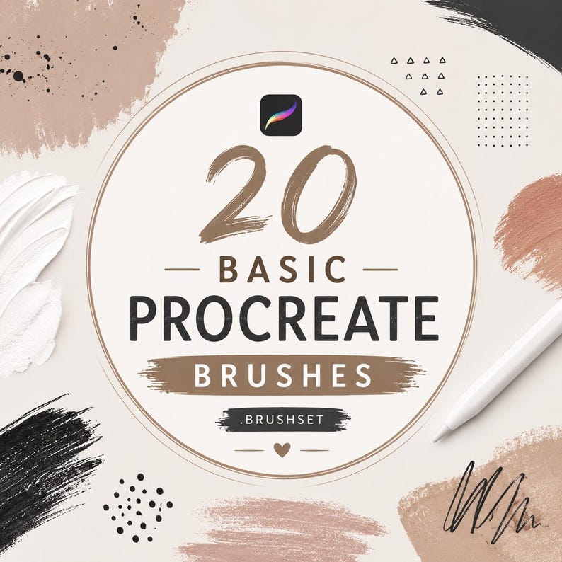 Op de afbeelding: Een digitale afbeelding met de tekst 20 BASIC PROCREATE BRUSHES .BRUSHSET en het Procreate app-icoon. Het ontwerp is gecentreerd in een cirkelvormig kader, omringd door abstracte verfstreken in zwart, wit en beige, en een styluspen.