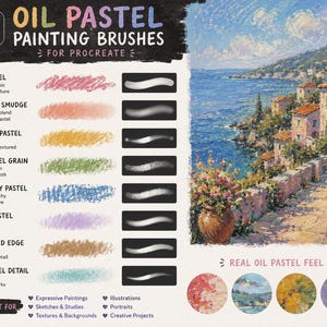 May include: A digital product display for Oil Pastel Painting Brushes for Procreate, featuring a list of seven brush types with corresponding color swatches and stroke examples, alongside a coastal landscape painting and four circular detail samples.