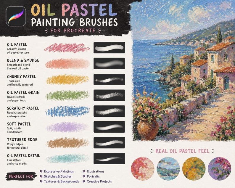 May include: A digital product display for Oil Pastel Painting Brushes for Procreate, featuring a list of seven brush types with corresponding color swatches and stroke examples, alongside a coastal landscape painting and four circular detail samples.
