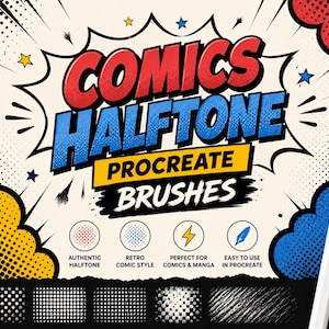 Puede incluir: Imagen promocional de pinceles de arte digital para Procreate, con el texto "COMICS HALFTONE PROCREATE BRUSHES" en estilo cómic. La imagen incluye ejemplos de pinceles de semitonos y un lápiz óptico blanco. El texto incluye "AUTHENTIC HALFTONE", "RETRO COMIC STYLE", "PERFECT FOR COMICS & MANGA" y "EASY TO USE IN PROCREATE".