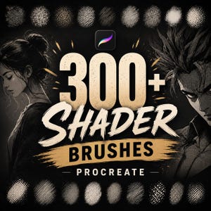 May include: Digital art brushes for Procreate. The image features the text "300+ SHADER BRUSHES" in a bold, stylized font, with illustrations of a woman and a man on either side. A Procreate app icon is visible.