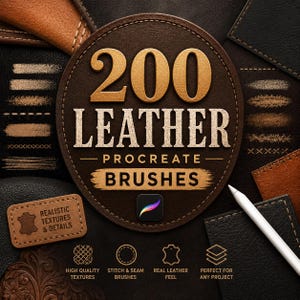 Op de afbeelding: Een digitale afbeelding met een bruine leren cirkel met de tekst "200 LEATHER PROCREATE BRUSHES". De afbeelding bevat verschillende leertexturen, steekpenselen en een stylus. De tekst "REALISTIC TEXTURES & DETAILS" is ook aanwezig.