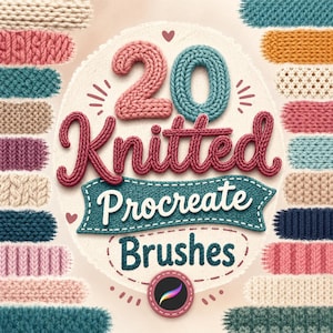May include: An image showcasing "20 Knitted Procreate Brushes". The design includes a pink knitted "2" and a teal knitted "0". The text "Knitted Procreate Brushes" is in a knitted font. Various knitted textures in different colours are displayed.