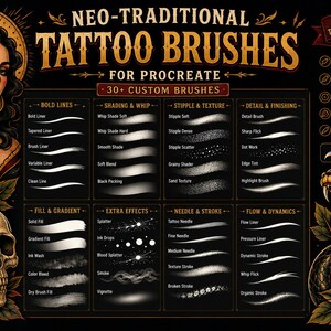 Neotraditionella tatueringspenslar för Procreate | Penselpaket för djärva linjer och skuggningar | Verktygssats för digital tatueringsdesign bild 4