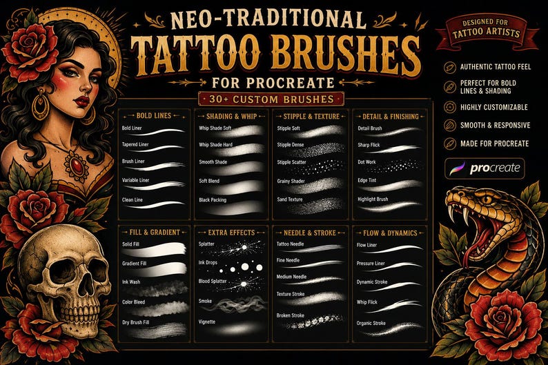 Neotraditionella tatueringspenslar för Procreate | Penselpaket för djärva linjer och skuggningar | Verktygssats för digital tatueringsdesign bild 4