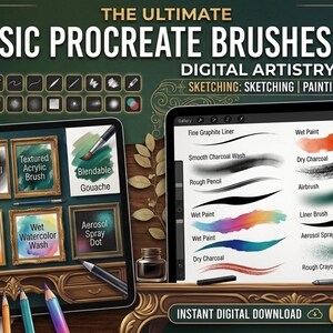 Op de afbeelding: Een digitale bundel van 20 Procreate-penselen met de tekst THE ULTIMATE 20 BASIC PROCREATE BRUSHES BUNDLE DIGITAL ARTISTRY ESSENTIALS. De afbeelding toont diverse penseelstreekvoorbeelden, waaronder grafiet, houtskool, acryl en aquarel.