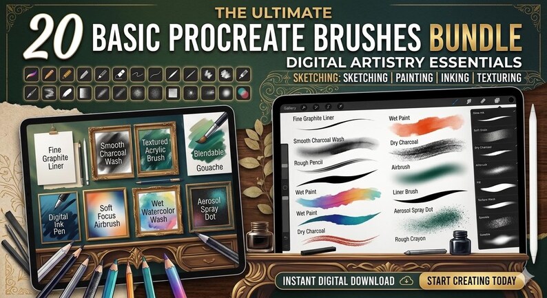 Op de afbeelding: Een digitale bundel van 20 Procreate-penselen met de tekst THE ULTIMATE 20 BASIC PROCREATE BRUSHES BUNDLE DIGITAL ARTISTRY ESSENTIALS. De afbeelding toont diverse penseelstreekvoorbeelden, waaronder grafiet, houtskool, acryl en aquarel.