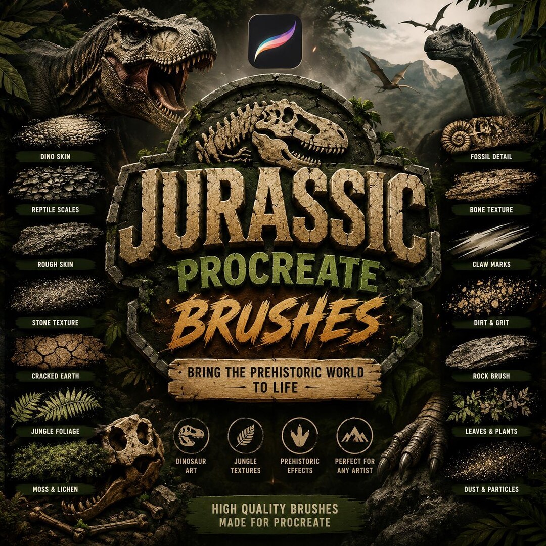 Jurassic Procreate Brushes Bundle | Dinosaur Texture & Prehistoric Art ...