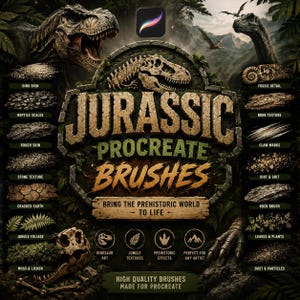 Puede incluir: Un gráfico de arte digital con las palabras "Jurassic Procreate Brushes" e ilustraciones de dinosaurios. La imagen incluye texto como "Dino Skin", "Reptile Scales", "Rough Skin", "Stone Texture", "Cracked Earth", "Jungle Foliage", "Moss & Lichen", "Fossil Detail", "Bone Texture", "Claw Marks", "Dirt & Grit", "Rock Brush", "Leaves & Plants" y "Dust & Particles".