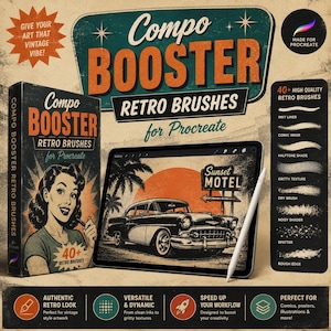 May include: A digital product set titled Compo Booster Retro Brushes for Procreate, featuring a box with a vintage-style illustration of a person, a tablet displaying a classic car graphic, and a list of 40 plus high-quality brush textures.