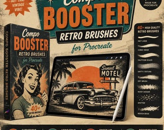 Compo Booster Retro Brushes for Procreate | Vintage Texture Brush Set | Retro Illustration, Halftone & Comic Style Brushes