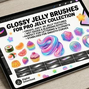 May include: A digital tablet shows a collection of "Glossy Jelly Brushes" for Procreate. The image features colourful, 3D jelly textures, sweets, and brush strokes. The text on the screen advertises the ability to create juicy textures and blending effects.