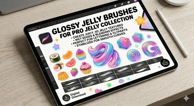 May include: A digital tablet shows a collection of "Glossy Jelly Brushes" for Procreate. The image features colourful, 3D jelly textures, sweets, and brush strokes. The text on the screen advertises the ability to create juicy textures and blending effects.