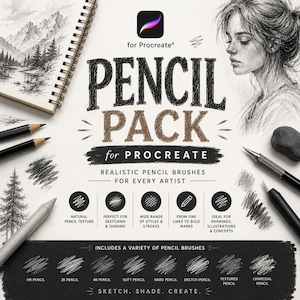 Puede incluir: Un conjunto de pinceles digitales para Procreate titulado Pencil Pack con pinceles de lápiz realistas. La imagen muestra un cuaderno de bocetos con un dibujo de montaña, un retrato, varias herramientas de lápiz y etiquetas para lápices HB, 2B, 4B, suaves, duros, de boceto, texturizados y de carbón.
