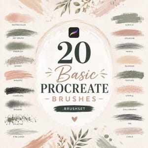 Op de afbeelding: Een digitale collectie van 20 basis Procreate-penselen in .brushset-bestandsformaat. De afbeelding toont de tekst 20 Basic PROCREATE BRUSHES .BRUSHSET, omringd door twintig verschillende penseelstreekvoorbeelden in diverse kleuren en texturen.